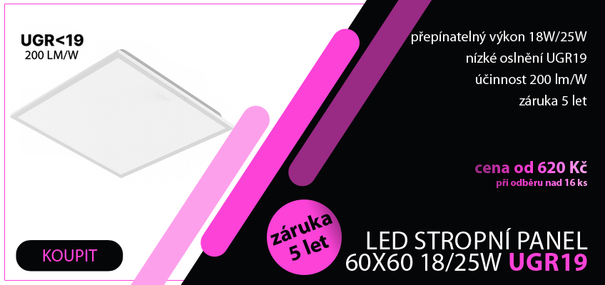 LED back-lit panel 600x600 18W/25W UGR19 5000 lm 4000K, záruka 5 let