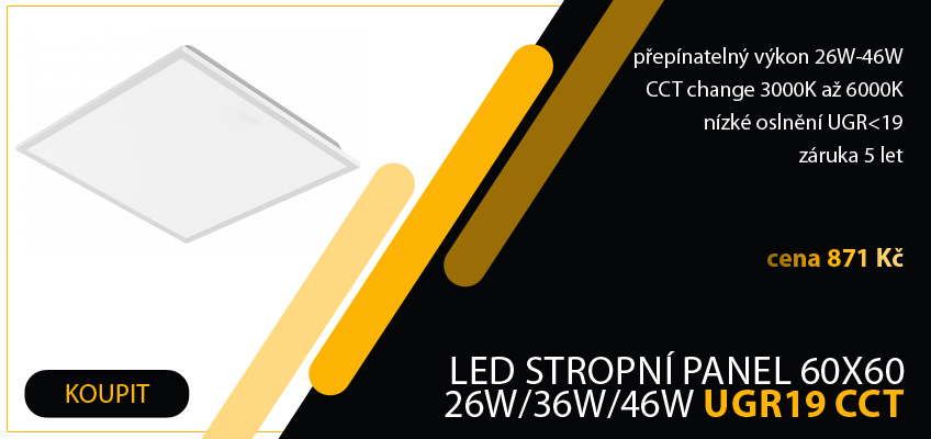 LED back-lit panel 600x600 26W/36W/46W UGR19 6300 lm CCT change, záruka 5 let